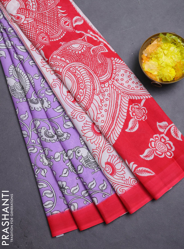 Kalamkari semi silk saree lavender and red with allover prints and simple border