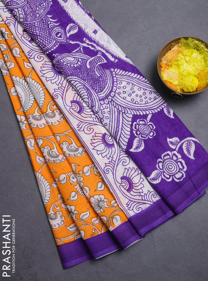 Kalamkari semi silk saree orange and violet with allover prints and simple border