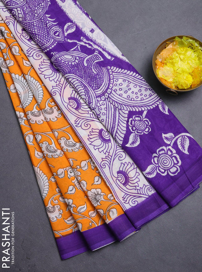 Kalamkari semi silk saree orange and violet with allover prints and simple border