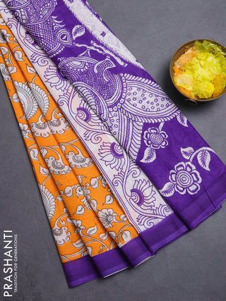 Kalamkari semi silk saree orange and violet with allover prints and simple border