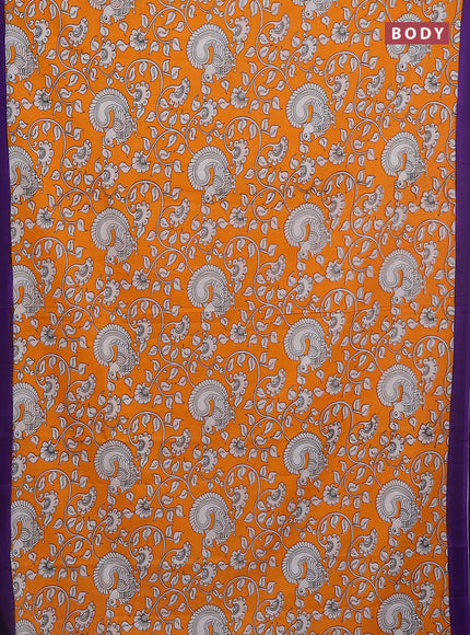Kalamkari semi silk saree orange and violet with allover prints and simple border