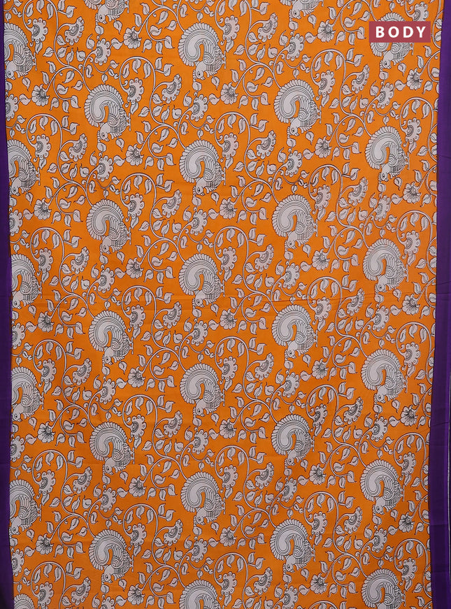 Kalamkari semi silk saree orange and violet with allover prints and simple border