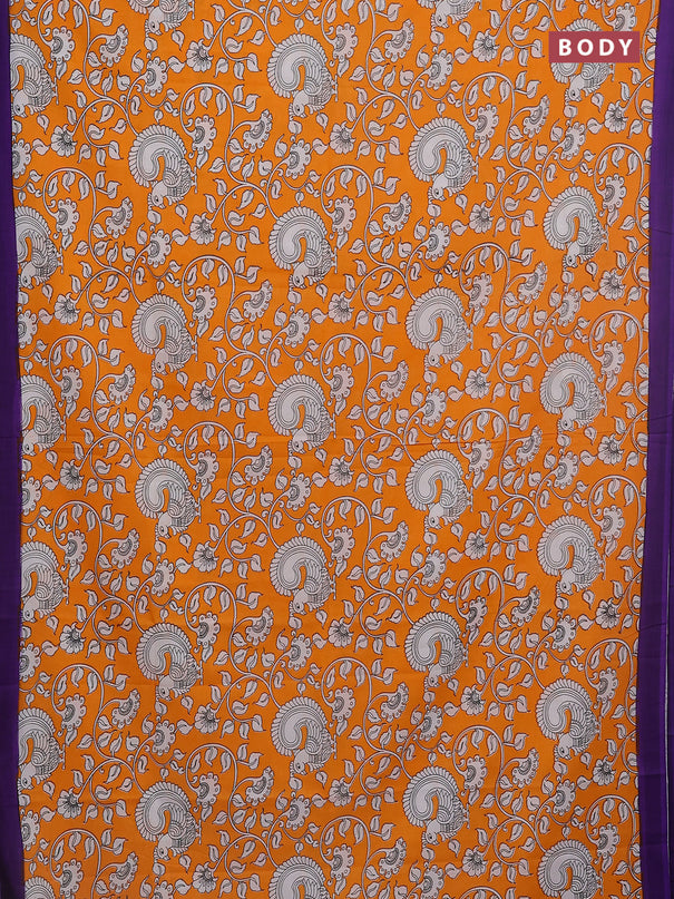 Kalamkari semi silk saree orange and violet with allover prints and simple border