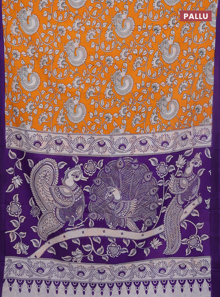 Kalamkari semi silk saree orange and violet with allover prints and simple border