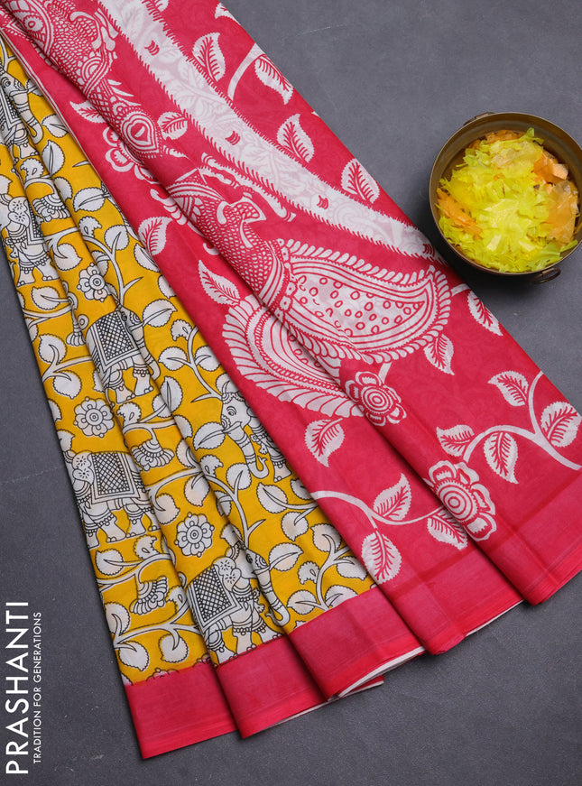 Kalamkari semi silk saree yellow and pink with allover prints and simple border