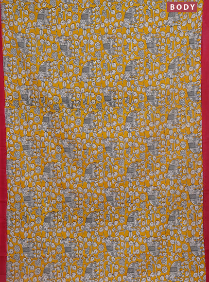 Kalamkari semi silk saree yellow and pink with allover prints and simple border