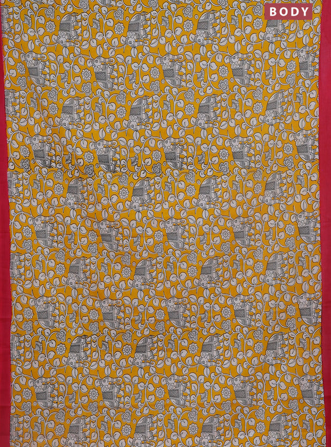 Kalamkari semi silk saree yellow and pink with allover prints and simple border