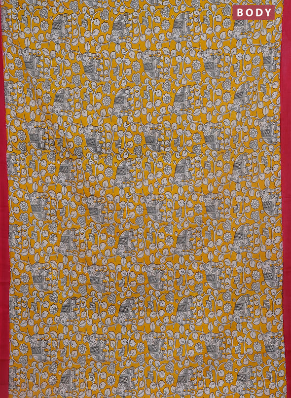 Kalamkari semi silk saree yellow and pink with allover prints and simple border