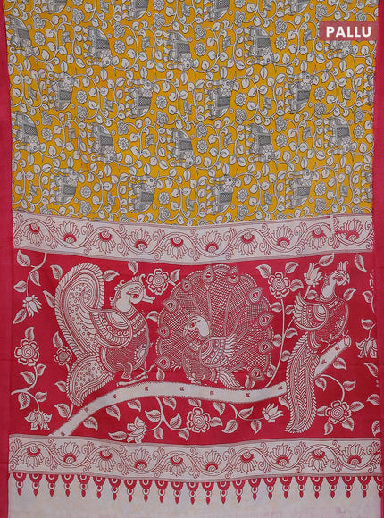 Kalamkari semi silk saree yellow and pink with allover prints and simple border