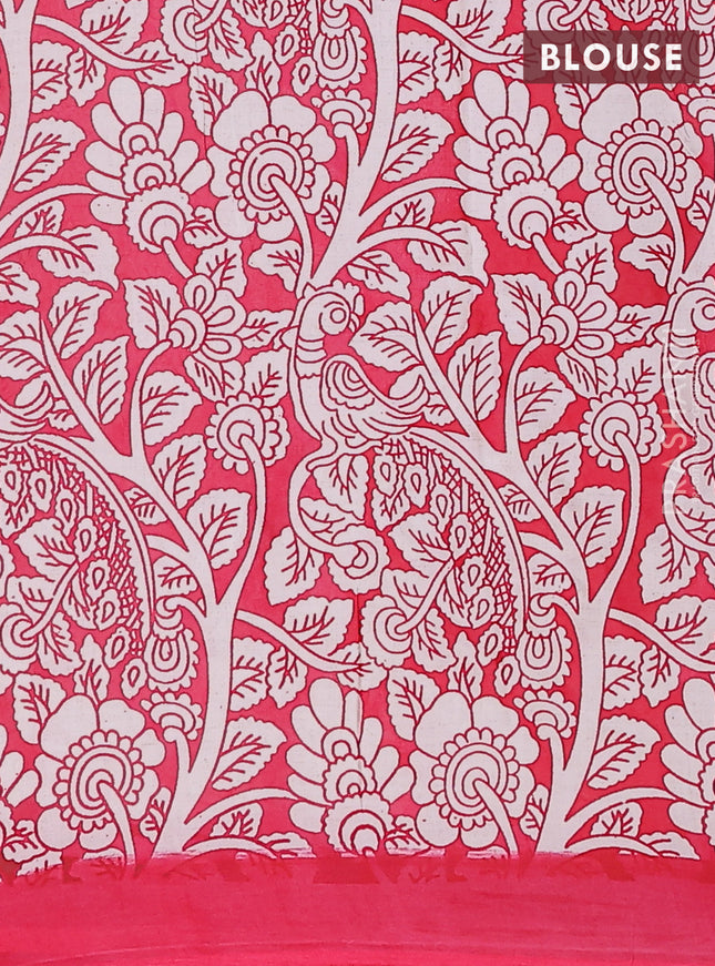 Kalamkari semi silk saree yellow and pink with allover prints and simple border