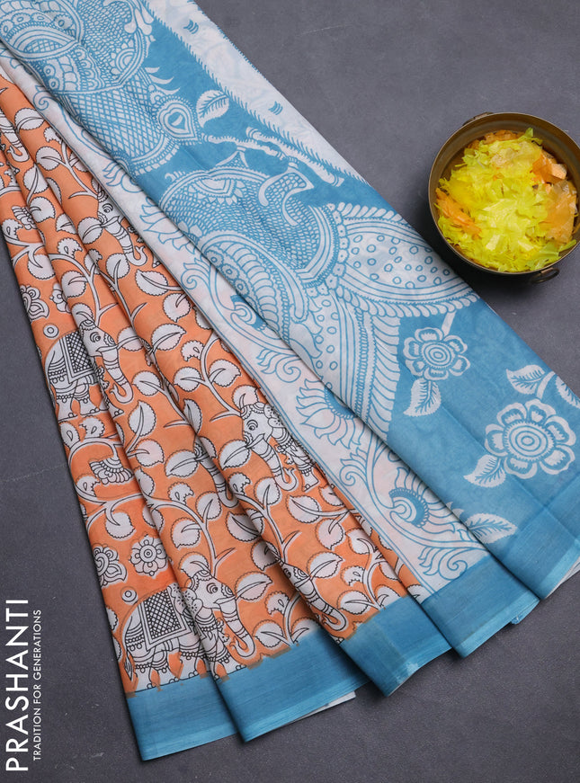 Kalamkari semi silk saree orange and teal blue with allover prints and simple border