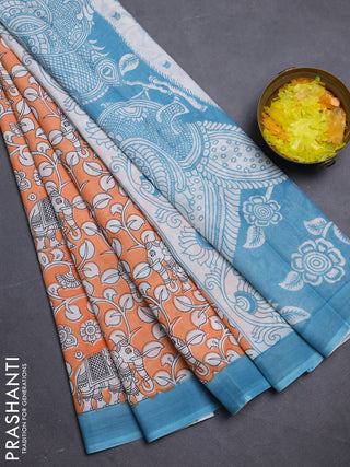 Kalamkari semi silk saree orange and teal blue with allover prints and simple border