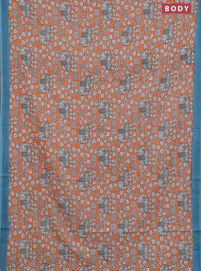 Kalamkari semi silk saree orange and teal blue with allover prints and simple border