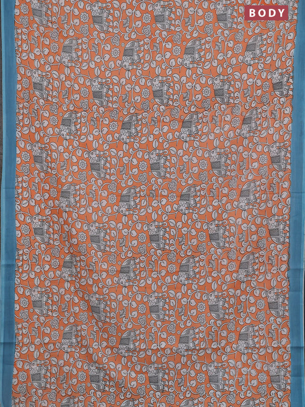 Kalamkari semi silk saree orange and teal blue with allover prints and simple border