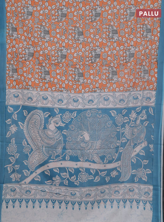 Kalamkari semi silk saree orange and teal blue with allover prints and simple border