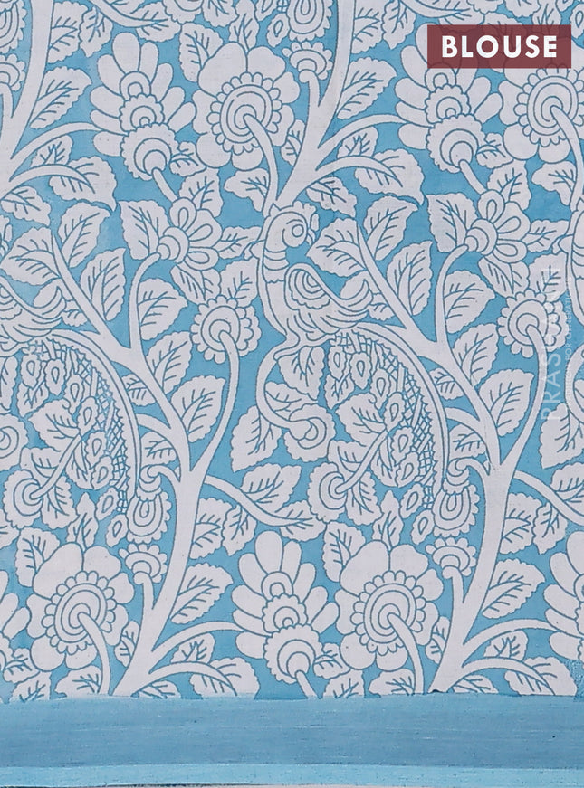 Kalamkari semi silk saree orange and teal blue with allover prints and simple border