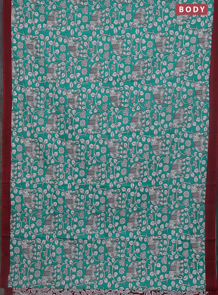 Kalamkari semi silk saree teal green and mauve pink with allover prints and simple border