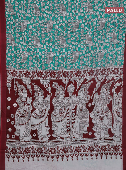 Kalamkari semi silk saree teal green and mauve pink with allover prints and simple border