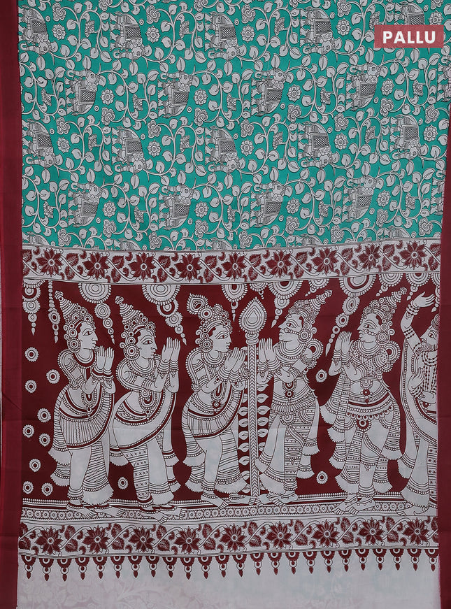 Kalamkari semi silk saree teal green and mauve pink with allover prints and simple border