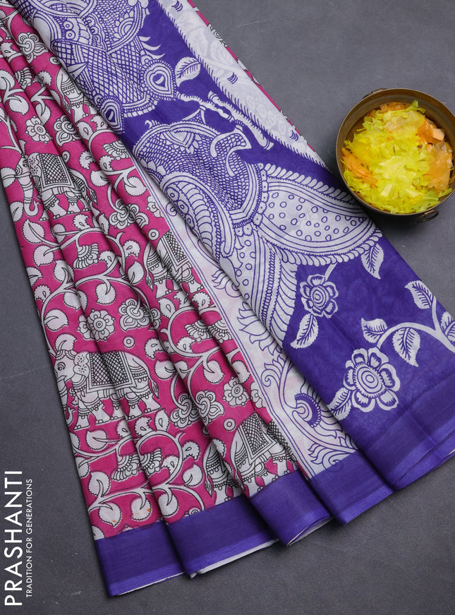 Kalamkari semi silk saree pink and violet with allover prints and simple border
