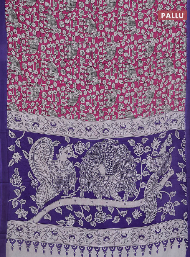 Kalamkari semi silk saree pink and violet with allover prints and simple border