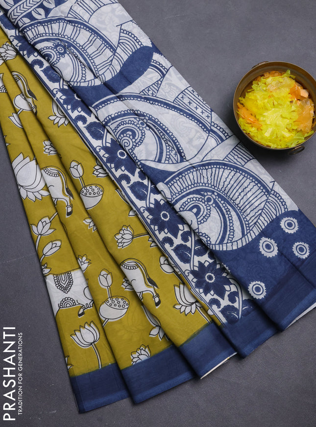 Kalamkari semi silk saree light green and grey with allover pichwai prints and simple border