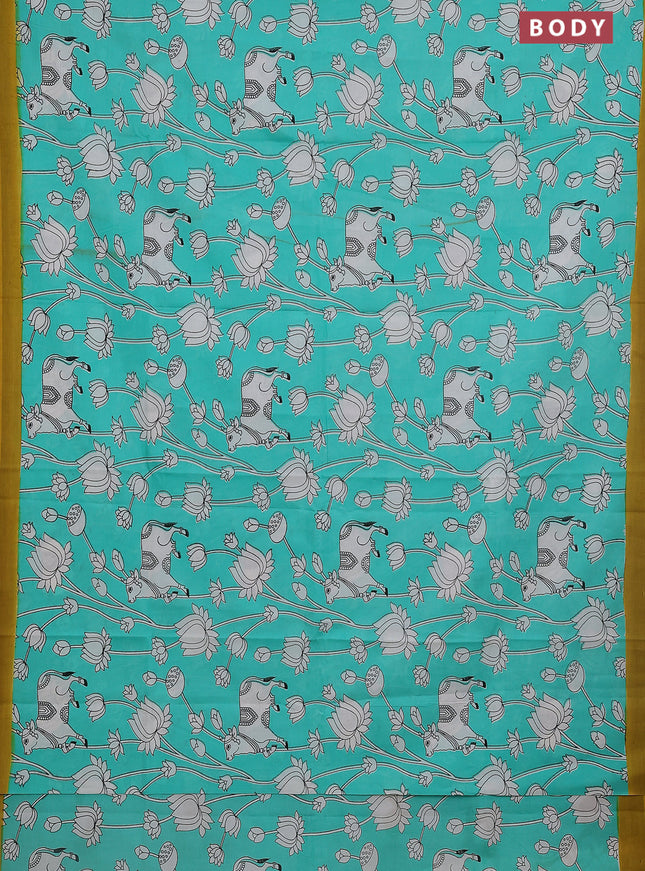 Kalamkari semi silk saree teal green and yellow with allover pichwai prints and simple border