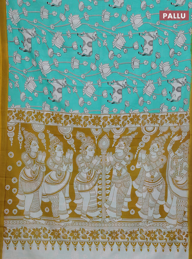 Kalamkari semi silk saree teal green and yellow with allover pichwai prints and simple border