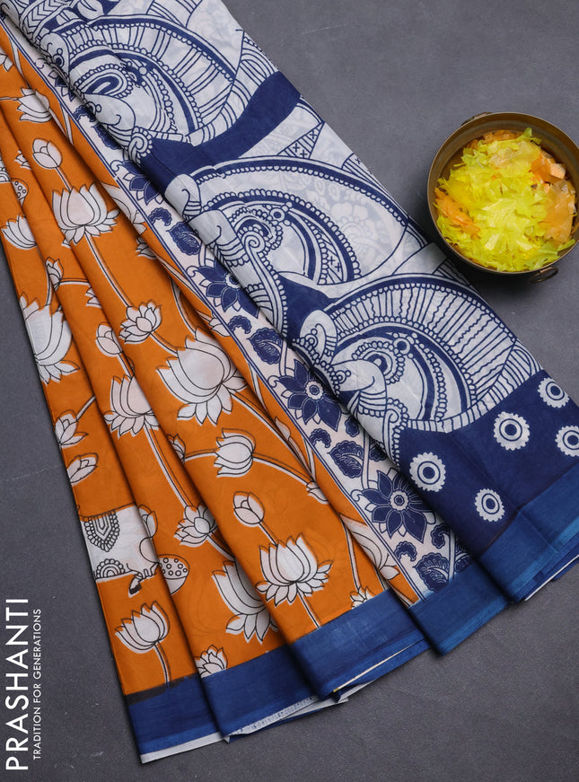 Kalamkari semi silk saree orange and peacock blue with allover pichwai prints and simple border