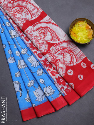 Kalamkari semi silk saree blue and red with allover pichwai prints and simple border