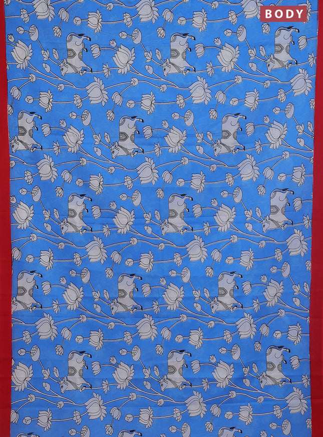 Kalamkari semi silk saree blue and red with allover pichwai prints and simple border