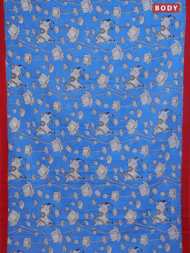 Kalamkari semi silk saree blue and red with allover pichwai prints and simple border