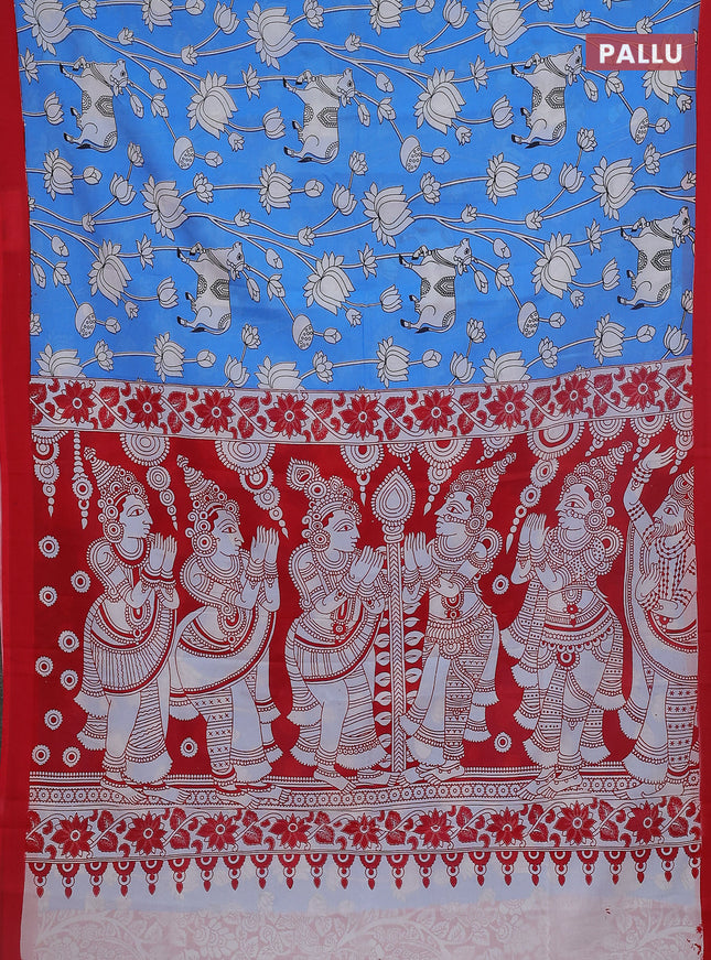 Kalamkari semi silk saree blue and red with allover pichwai prints and simple border