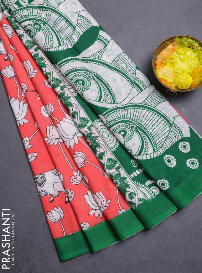 Kalamkari semi silk saree peach shade and green with allover pichwai prints and simple border