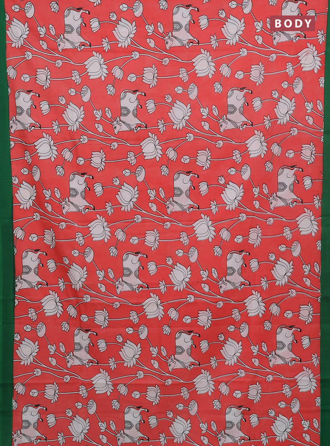 Kalamkari semi silk saree peach shade and green with allover pichwai prints and simple border