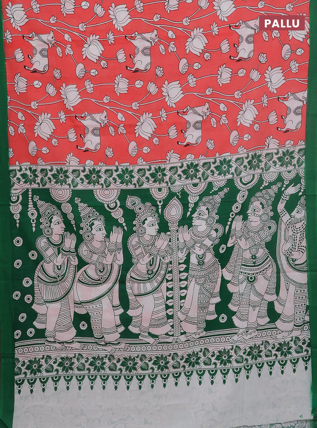 Kalamkari semi silk saree peach shade and green with allover pichwai prints and simple border