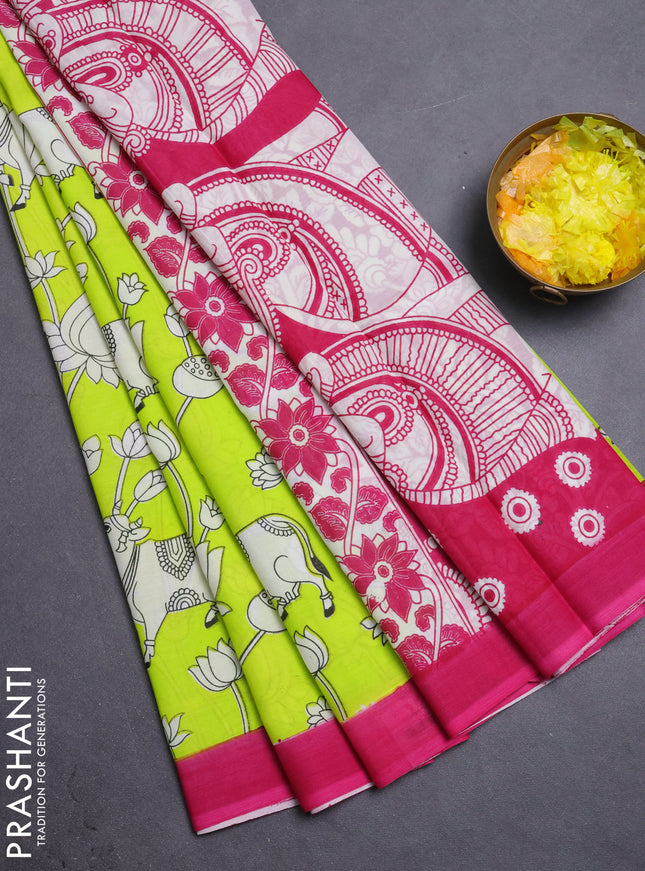 Kalamkari semi silk saree fluorescent green and pink with allover pichwai prints and simple border