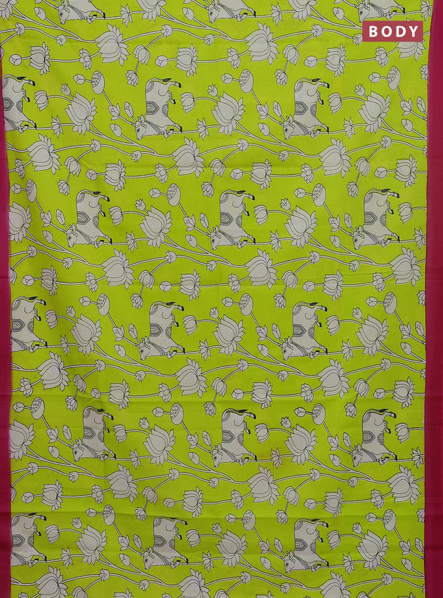 Kalamkari semi silk saree fluorescent green and pink with allover pichwai prints and simple border