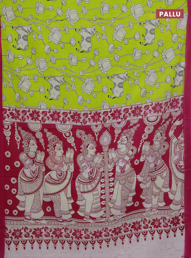 Kalamkari semi silk saree fluorescent green and pink with allover pichwai prints and simple border