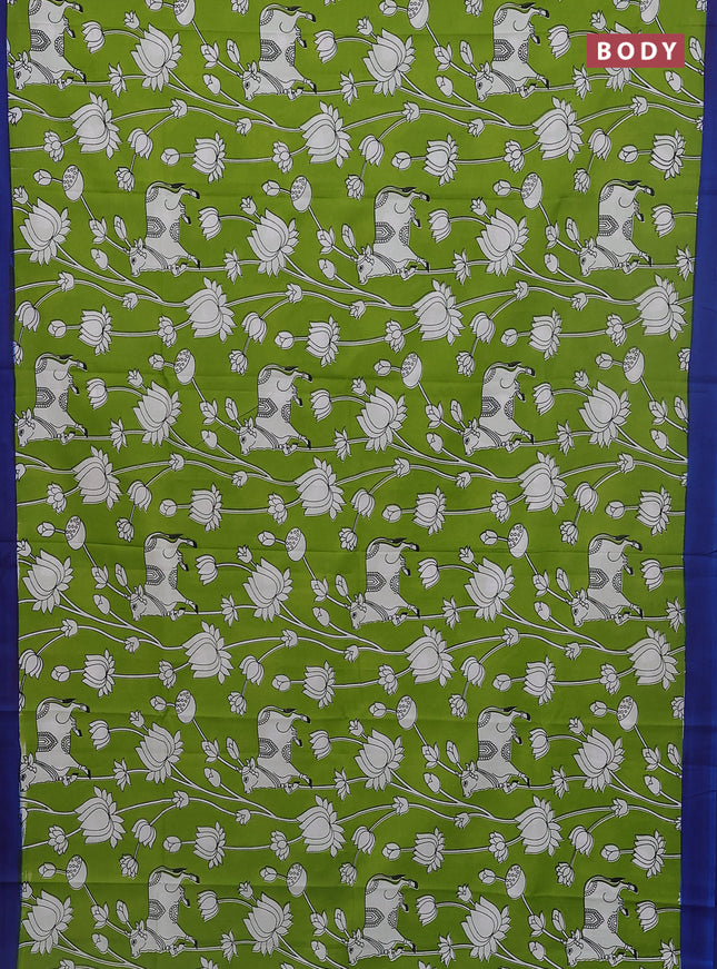 Kalamkari semi silk saree light green and blue with allover pichwai prints and simple border