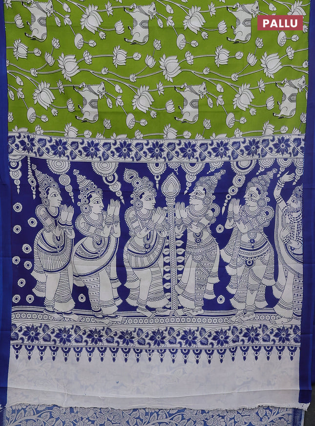 Kalamkari semi silk saree light green and blue with allover pichwai prints and simple border