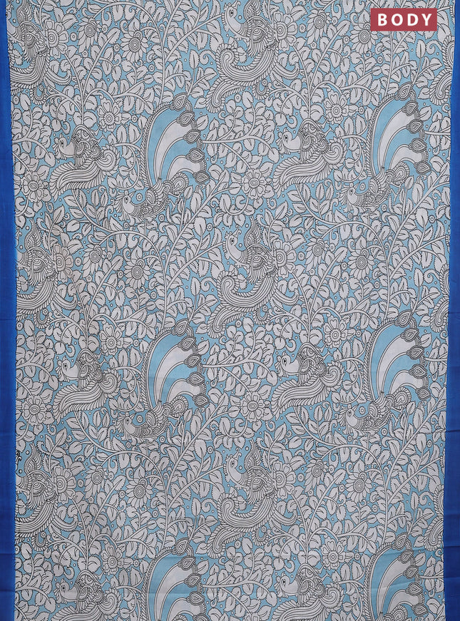 Kalamkari semi silk saree teal blue and blue with allover prints and simple border