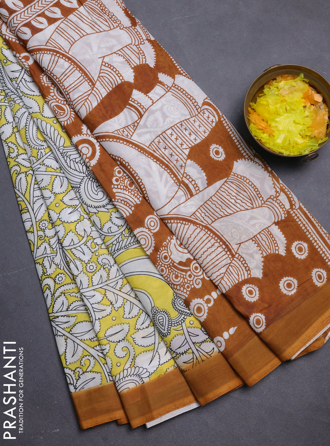 Kalamkari semi silk saree yellow and mustard yellow with allover prints and simple border