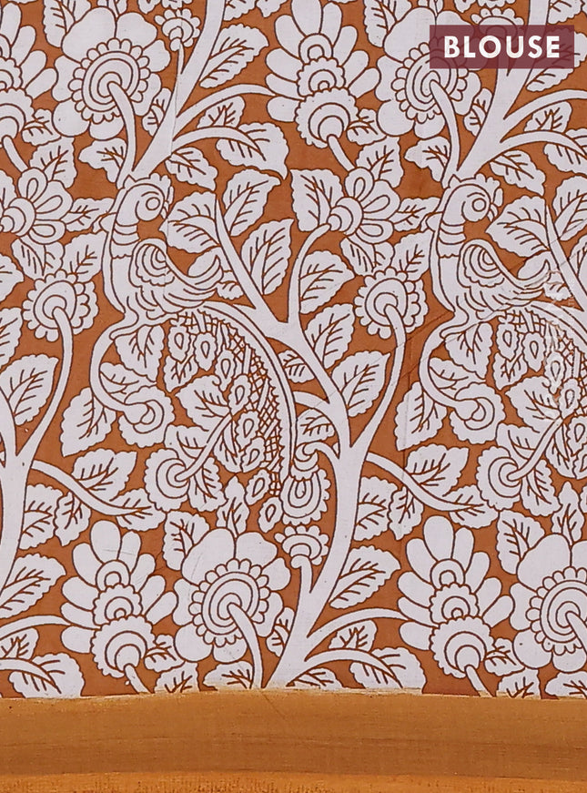 Kalamkari semi silk saree yellow and mustard yellow with allover prints and simple border