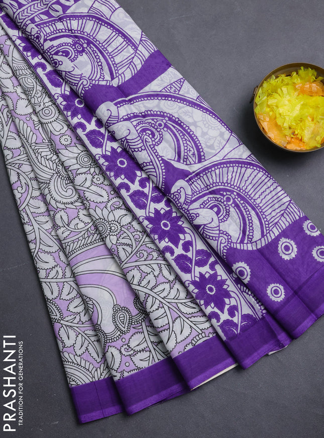 Kalamkari semi silk saree lavender and violet with allover prints and simple border