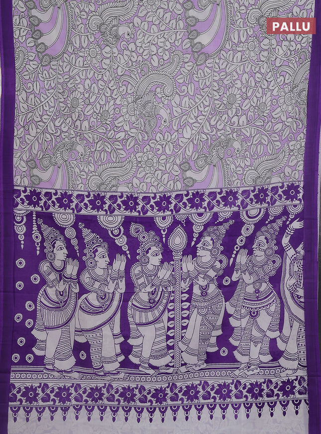 Kalamkari semi silk saree lavender and violet with allover prints and simple border