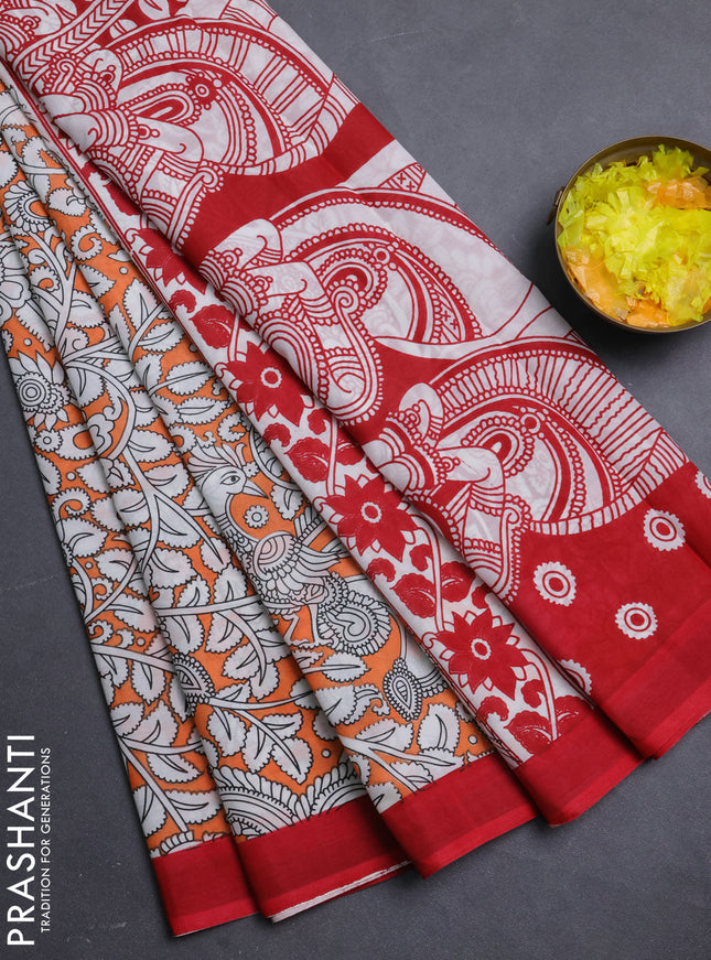 Kalamkari semi silk saree orange and red with allover prints and simple border