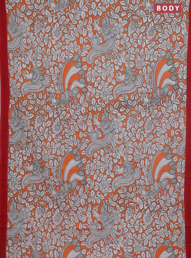 Kalamkari semi silk saree orange and red with allover prints and simple border