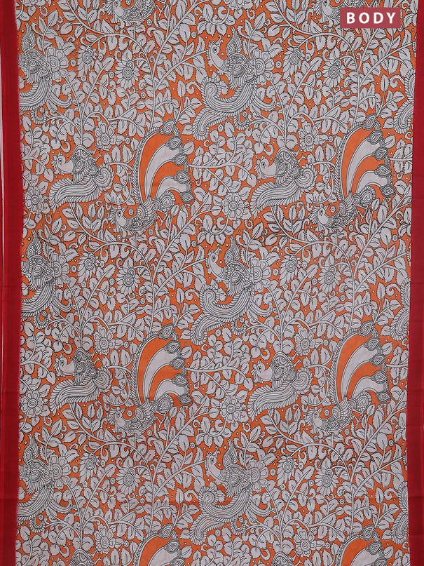 Kalamkari semi silk saree orange and red with allover prints and simple border
