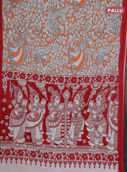 Kalamkari semi silk saree orange and red with allover prints and simple border